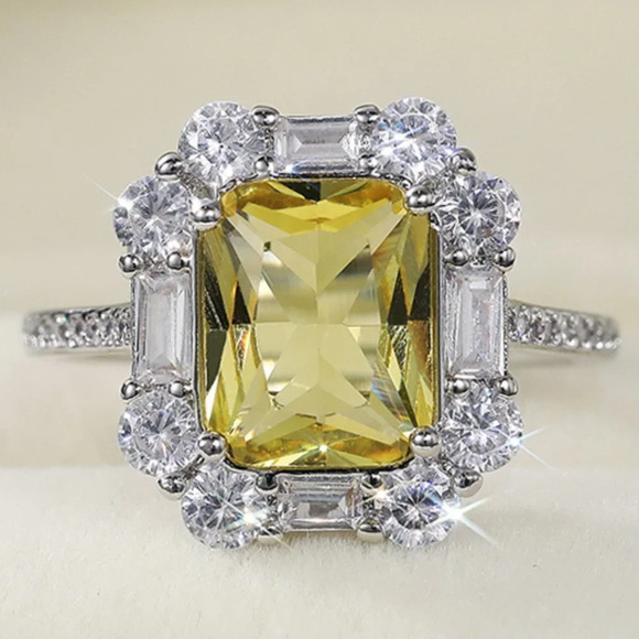 🌸Radiant Yellow Zircon Sumptuous Silver Luxury Rings Women, K924 - Picture 1 of 8
